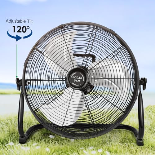 18'' Solar Powered Fan with 30W Solar Panel, Portable Solar Operated Outdoor Floor Fan for Camping, Home, Patio, Worksite - Stepless Speed, Metal Construction and Aluminum Blades