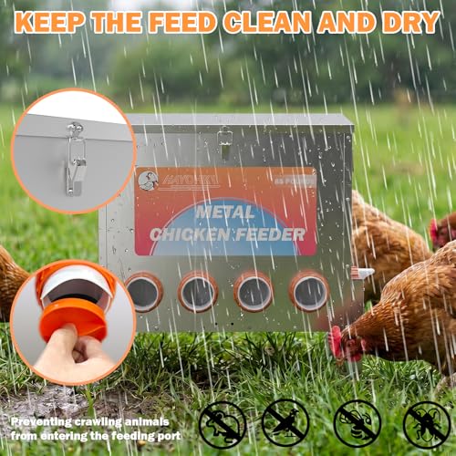 85LBS of Feed Chicken Feeder No Waste 10-Ports Automatic Large Poultry Feeder with Adjustable Legs Perspective Window Latch & Handle for Chickens Bantams Pheasants - size: 10 Ports - 85-120 LBS