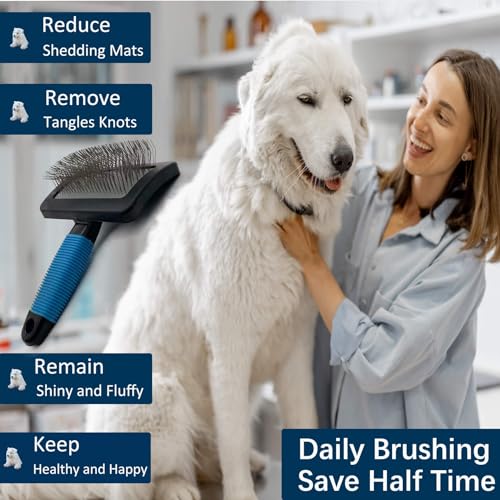 Dog Brush For Long Haired Dogs Poodles-Dog brushes for grooming&shedding-Large Firm Slicker Brush for Goldendoodles-With Soft Massage Grooming Stainless Steel Pins, Pet Grooming Wire Brush-25mm(1") - size: Bule