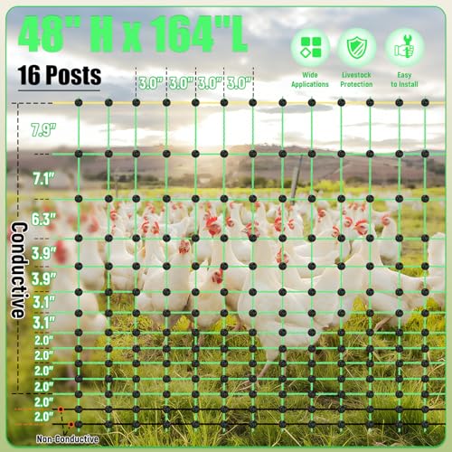 48" x 164' Electric Chicken Fence, Electric Poultry Netting for Chicken, Duck and Goat, Portable Anti-Predator Electric Fencing in Farms, Ranches, and Gardens (16 Posts, 2 Spikes)