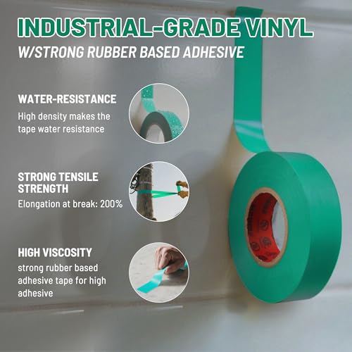 RED WOLF 10 Pack Green Electrical Tape 3/4 Inch x 66 Ft Industrial Grade UL/CSA Listed 7 Mil Thick Flame Retardant High Temp Waterproof Electrical PVC Tape Electric Super Vinyl Rated 600V - color: Green