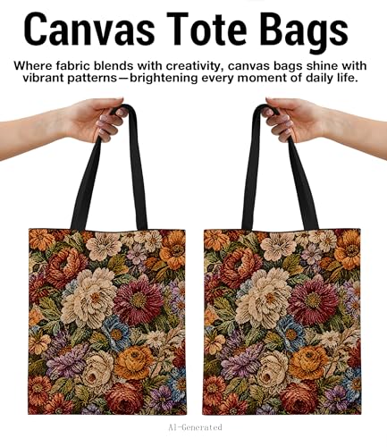 Aesthetic Floral Canvas Tote Bag - Reusable Shoulder Tote Bag for Women Lady Casual Vacation, Shopping, Work, Gym - color: Botanical01