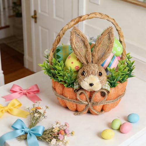 Easter Basket Decoration with Handle, Handmade Straw Bunnies, 12 Hanging Easter Eggs,Carrot Baskets for Easter Egg Candy Storage, Spring and Easter Home Table Decor, Mantle Centerpiece