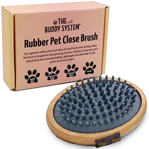 The Buddy System - Pet Close Brush, Oval Palm Brush with Rubber Bristles | Dog & cat grooming brush for shedding, massage, healthy coat, and pet hair care, with rubber bristles for a daily grooming - color: Rubber Bristle - Gray