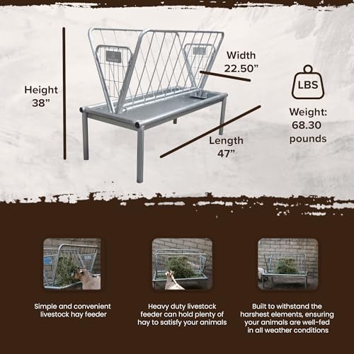 Rugged Ranch Products 4 Foot Long Outdoor Heavy Duty Mini Galvanized Steel Pasture Hay Feeder for Goats, Sheep, and Miniature Horses, Silver