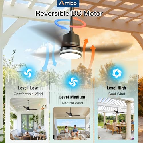 Amico 42" Outdoor Ceiling Fans with Lights, IP65 Waterproof Gazebo Fan | Waterproof, Remote Control, 3000-6000K, 6 Speeds, Hook Hanging Plug in, for Patio Porch Pergola Garage - size: 42 inch Wood