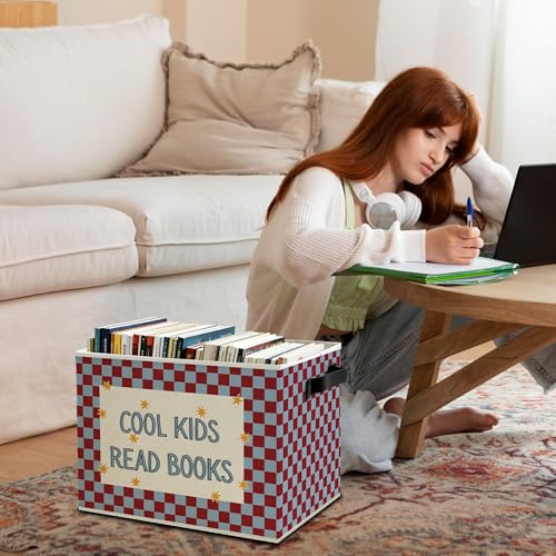 Book Kids Classroom Storage Bins Box with Handles, Cool Kids Read Books Red Blue Checkered Collapsible Basket Organizer for Boys Girls Bedroom Reading Corner Nook Room Books Clothes - color: Color20