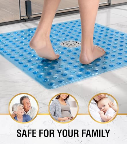 HITSLAM Non Slip Shower Mat, Square Bathtub Mat, 24x24 Inch, Blue | Diamond Textured PVC Bath Mat With Suction Cups, Shower Stall Mat with Center Drain Hole, Strong Grip, Machine Washable - color: Blue