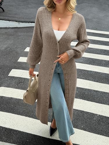 Saodimallsu Womens Long Duster Cardigans Button Down Maxi Sweater Dress | Casual V Neck,Lantern Long Sleeve,2026 Oversized Chunky Knit,Floor Length Coatigan,Cute Soft Cozy,Fall Winter Trendy Coat - color: Tawny, size: XX-Large