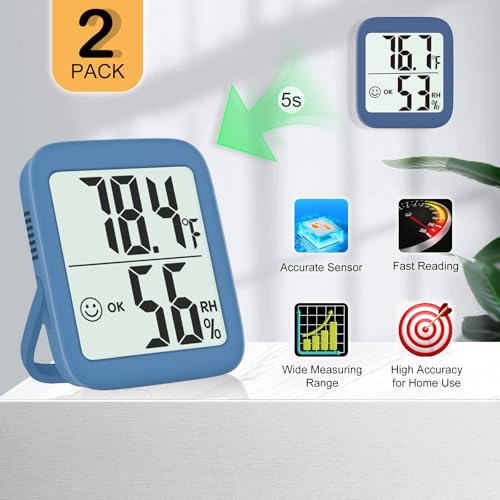 Antonki 2 Pack Room Thermometer Indoor Hygrometer | Monitor Temperature & Humidity, Accurate, Fast Read, Easy To View, Magnetic/Kickstand/Hanging, ℉/℃, w/ Battery, Compact - color: 2 Pcs* Navy Blue