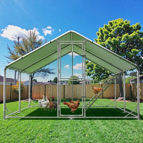 Large Metal Chicken Coop Runs for Yard with Cover, 10x13x6.5 | Perch Bars, Split Doors, Waterproof Covers, Mesh Wire - size: 157.5"L x 118.1"W x 78.7"H