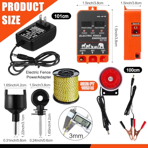 5.5J Electric Fence Charger with Display and Alarm, AC/DC Dual Power, 12V Input 8KV/12KV Output, 3366 ft Polywire, 40 T Post Insulator, 20 Screw-in Insulator for Cattle Cow Livestock Farm