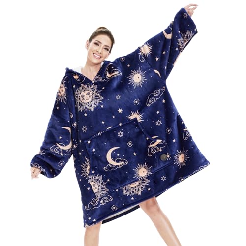 THREE POODLE Wearable Blanket Hoodie for Women, Oversized Sherpa Sweatshirt Blanket for Adults Men, Cozy Hooded Blankets, Gifts for Teen Girls Women Mom Sister - color: Deep Blue Star, size: Adult
