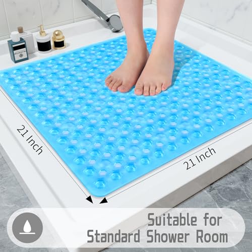 Yimobra Square Shower Floor Mat Non Slip, 21"X21" Machine Washable Bath Tub Mat, Soft on Feet, Bathmat with Drain Holes and Suction Cups, Fast Draining, Clear Blue - color: Clear Blue, size: 21 X 21 Inch