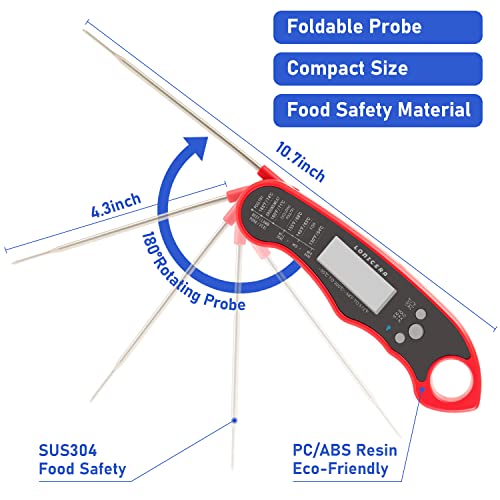 LONICERA Digital Meat Thermometer, Instant Read, Foldable Probe, Red | IP66 waterproof design, backlit display, calibration function, for meat, baking and grilling