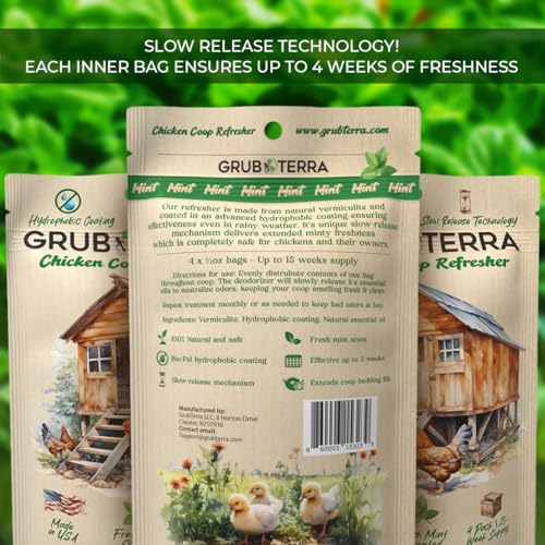 GrubTerra Chicken Coop Odor Eliminator, Coop Refresher & Litter Deodorizer – Zero Odor Neutralizer for Chicken Bedding, Sand, Nesting Pads & Runs - Mint Scent
