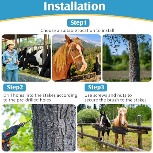 3 Pack Livestock Scratching Brush, Black | Animal Scratcher, Itch Relief Grooming, Horse Goat Cow Scratcher, Fence Post Mounting, Durable Bristles, Farm Livestock Care - color: Black