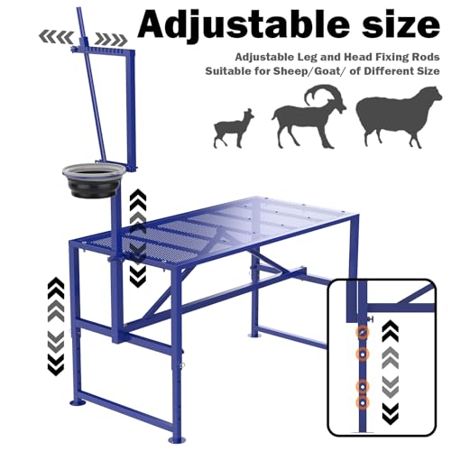 600 Lbs Goat Milking Stand with Feed Bin, Heavy Duty Goat Stand for Milking, Hoof Trimming & Grooming, Adjustable Goat Stanchion for Sheep and Goats, Iron Blue - color: Blue, size: L-47*23 Inch