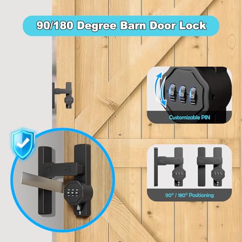 Barn Door Lock,Flip Latch Lock with Combination,90/180 Degree Sliding Door Latch,Cabinet 3-Digit Password Keyless,Gate Latches Bolt for Gate Barn Door Garage Shed Window(Black) (180 degree barn latch)