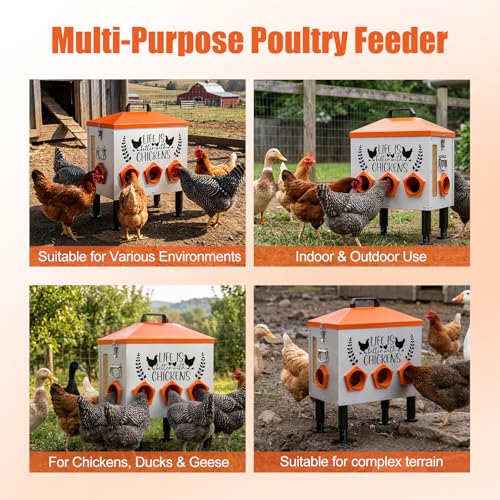 TGEYD 50LB Large Chicken Feeder – 8 Feeding Ports, No-Waste Poultry Feeder with Transparent Viewing Window, Anti-Roost Lid, & Scale-Mark Round Legs - size: 50LB