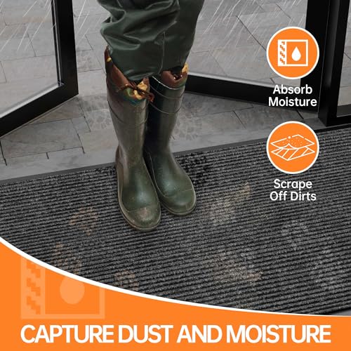 Front Door Mat Outside Entrance, Dirt Trapper Doormat 48" x 36" | Non Slip Indoor Outdoor Welcome Mat for Entryway, Absorbent Commercial Floor Mat for High Traffic Area, All Weather, Grey - color: Dark Grey Striped, size: 3' x 4' (Rectangular)