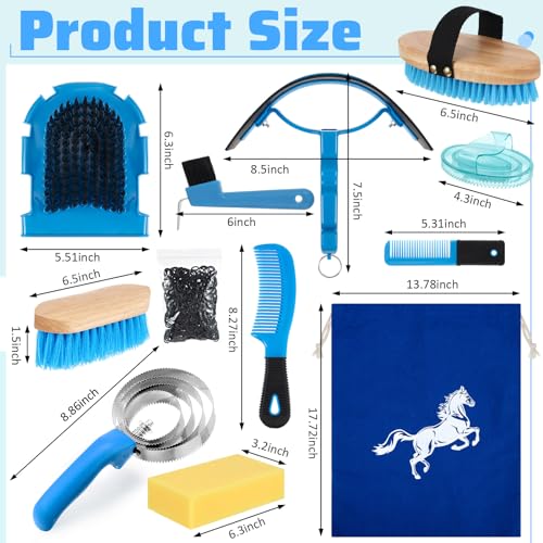 Abbylike 12 Pieces Horse Grooming Kit Racing Festival Tack Room Supplies Horse Brush Sets Equine Care Cleaning Kit Shedding Grooming Massaging Tools(Blue) - color: Blue