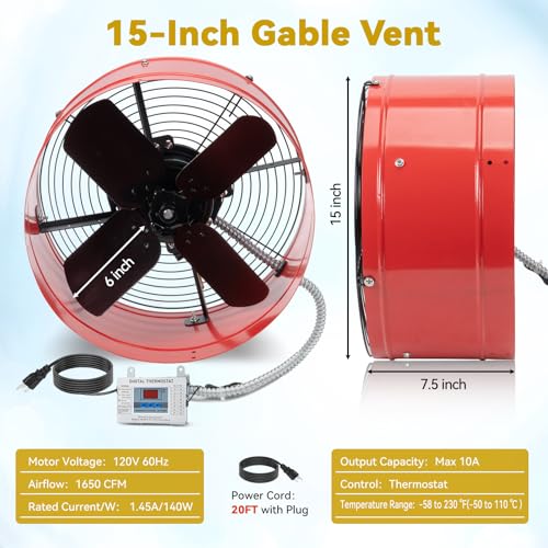 15" Gable Attic Fan with Thermostat, 1650CFM Plug-and-Play Attic Gable Vent Fan with Start Capacitor for 2500 sq.ft, Quiet Attic Exhaust Fan with Thermostat & 20FT Power Cord for House Garage Shed - size: 1650CFM