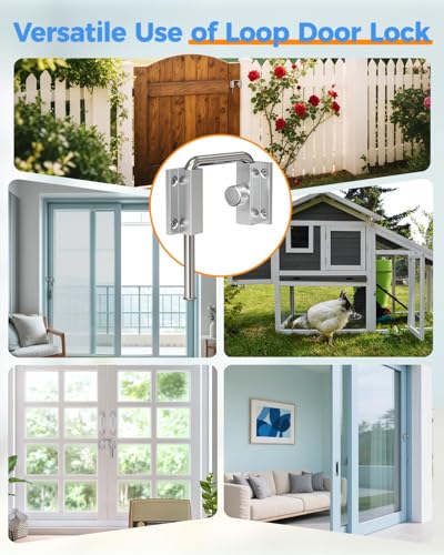 Updated U Patio Sliding Door Loop Lock Latch, Silver | 90/180 Degree Aluminum Alloy Home Security Loop Bolt Lock for Barn Door,Window, Fence, Shed and Gate Latch - Rotary Locking - color: Silver-1 PC