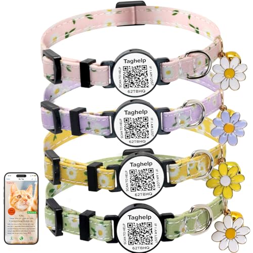 4 PCS Cute Flower Cat Collar with QR Code ID, 4-Pack Safety Breakaway Kitten Collars Set with Bell, Adjustable Gift for Cat Lovers - color: Pastoral style - 4 pack