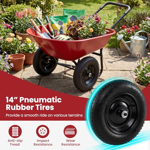 IRONMAX Dual-Wheel Wheelbarrow with All-Terrain Wheels, 220LBS, Red | Heavy Duty Wheel Barrow Gardening Cart, Yard Cart with Built-In Stand for Lawn, Farm & Planting - color: Red