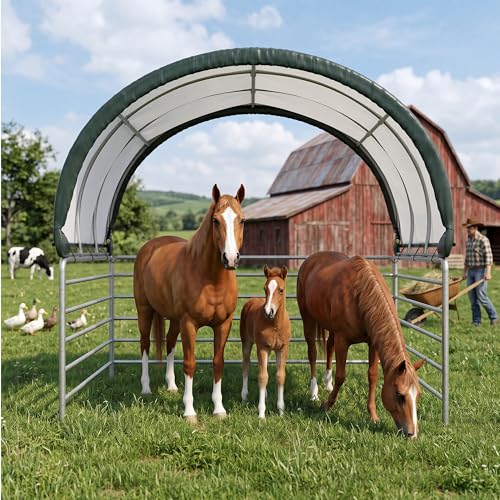 Polar Aurora 12'x12' Corral Shelter, Heavy Duty Round Style Canopy, Waterproof and UV Treated Canvas Cover, Easy Assembly Stable and Agricultural Storage and Shade Shed Kit for Livestock, Green - size: 12x12 FT