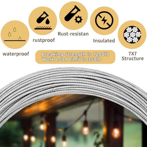 1/8" Wire Rope Kit 300FT Aircraft Cable Vinyl Coated 304 Stainless Steel Wire,7x7 Strand Cable Kit for Outdoor String Lights,Climbing Plants,Pictures,Clothes,Curtain Hanging - size: 1/8" steel cable 300FT
