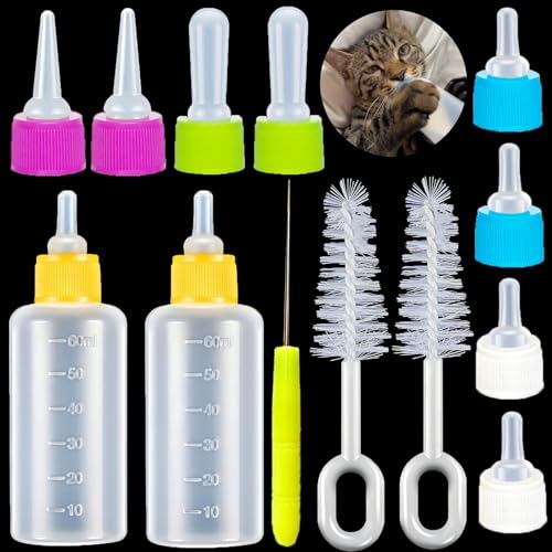 60ml Newborn Pet Feeding Bottle Kit | Puppy Kitten Nursing Bottles with 10 Silicone Nipples, Cleaning Brushes & Nipple Puncher | Anti-Choke Milk Feeder for Small Animals