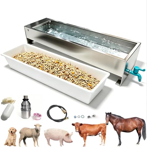 Automatic Livestock Water & Feed Trough with Float Valve for Cattle Horse | 25Gal Stainless Steel Automatic Waterer 19Gal Plastic Larger Waterer & Feeding Trough for for Horse Goat Cattle Hog Pigs Dog - color: 25 Gallons+1pc Feeder, size: 48.3"L x 13.7"W
