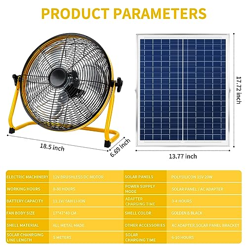 Solar Powered Rechargeable Fan 16", Whisper Quiet 15dB, 50Hr Runtime for Home Office Camping