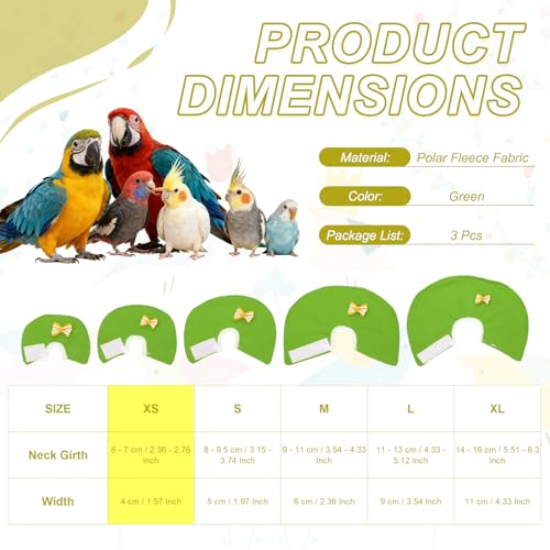 Bird Collars, Bird Cone Collar Protective Recovery Cones, Soft Adjustable Anti-Bite Feather Neck Protector (Green, XS, 3 Pcs), Intended for Budgie/Cockatiel/Lovebirds - color: Green, size: XS