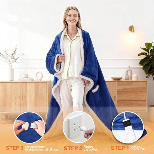 Wearable Heated Blanket With Sleeves & Foot Pocket, Heated Throw Blankets Fast Heating Blanket With 10 Heat Settings Auto Shut Off Over-Heat Protection-Warm Gift, Machine Washable, 52”*72”+18” - color: Blue