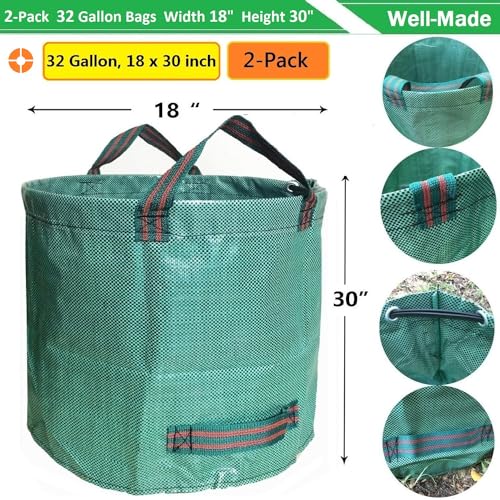 Standard 2-Pack 32 Gallon Lawn Garden Bags Big (D18,H30 in) Yard Waste Bags W/Gardening Gloves for Leaf Bag,Grass Clippings,Yard Debris Bin,Camping Trash Container,Recycling Bin,Laundry Bag 4 Handles