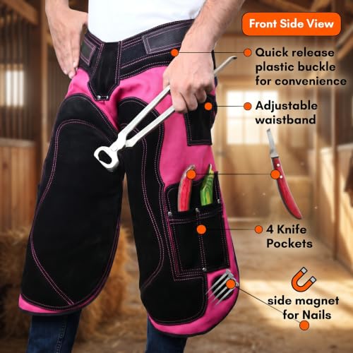 – Farrier Apron Cowhide Leather Hoof Trimming Chaps | with Premium Air Mesh Lining, Foam Knee Pads, 4 Knife Pockets & Nail Magnets | Adjustable Waist for Men & Women (Apron Only) - color: Pink - Black, size: 65cm - 25inch