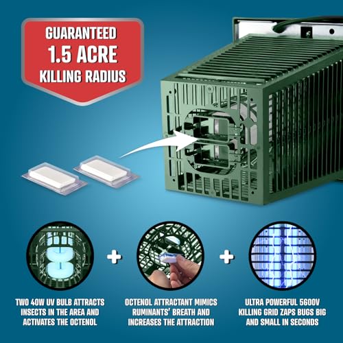 Flowtron Bug Zapper, 1.5 Acre Outdoor, Two 40W UV Bulb, 5600V Grid, Green | Protects yards and wooded areas - octenol lure attracts and helps eliminate mosquitoes, flies, and gnats - ETL certified - color: Green