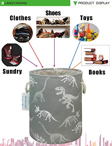 Round Thick Laundry Basket Collapsible Organizer Boys Dinosaur skeleton | Canvas Foldable Storage Hamper Sturdy Rope Handles for Household Gift Baskets Bedroom Clothes Toys Children Nursery - color: Gray Dinosaur skeleton
