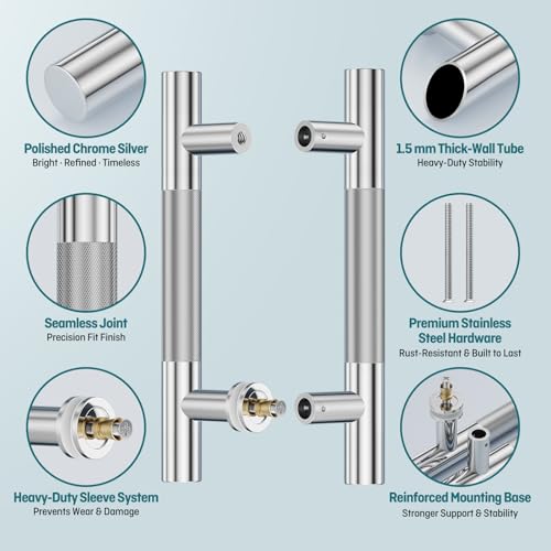 Ranbo 12" Knurled Door Pull Handle, 8"(203mm) CTC, Polished Chrome | Heavy Duty 1.5mm 304 Stainless Steel, Back to Back Pull Handles for Shower, Barn, Commercial Doors, Enhanced Grip - size: 12 Inch