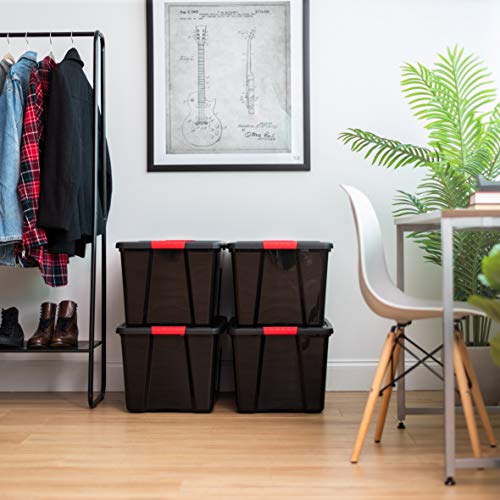 IRIS USA 4-Pack 72 Quart Storage Bins with Lids, Black | Black finish conceals stored items. Perfect for moving, blankets, clothing, and garage storage. Nestable design saves space - size: 72 Qt, style: 4 Pack