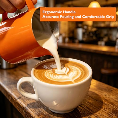 600ml(20oz) Milk Frothing Pitcher, Stainless Steel Milk Steamer Cup Milk Frother Jug for Barista-Style Coffee - Espresso Cappuccino & Latte Art Pouring Jug with Heat Resistant Handle, Orange