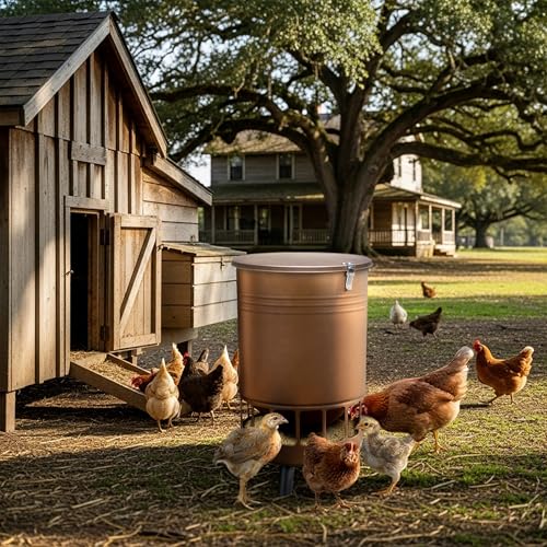 Solution4Patio 50LB No-Waste Chicken Feeder, Large Capacity Gravity Dispenser with Spill Control & 16 Feeding Ports Poultry Feeder for Outdoors & Hen Coop (Brown) - color: Brown