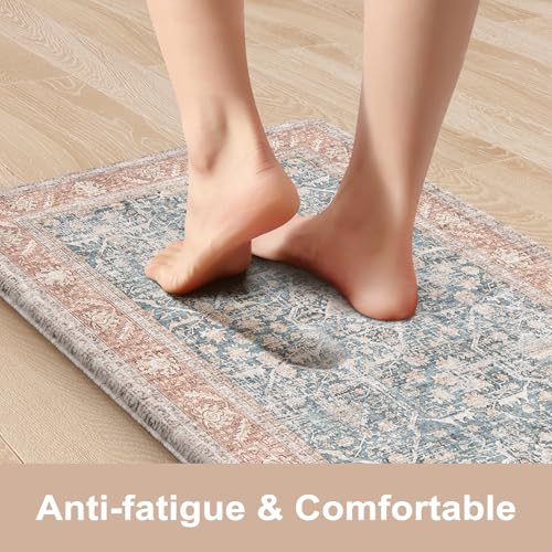 KIMODE Anti Fatigue Kitchen Mat,Farmhouse Kitchen Rug Sets of 2 Orange Blue | Non Slip Waterproof Vintage Kitchen Floor Mats,Cushioned Comfort Standing Mat for Sink,Desk,Laundry,Office,Apartment - color: Orange/Blue, size: 17.3" x 47"+17.3" x 29"--0.47 in