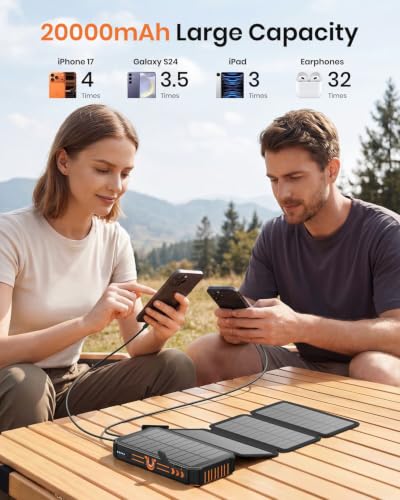 A ADDTOP Solar Charger Power Bank 20000mAh Built-in 4 Cables, Wireless Portable Charger with 4 Solar Panels and 3 USB Ports, PD QC 3.0 Fast Charging Battery Pack for Cell Phone, Tablets(Orange) | 4 Solar Panels, Built-in 4 Cables, 3 USB Input/Output Ports