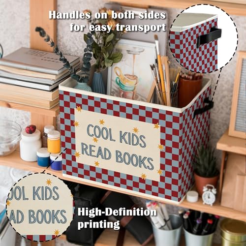 Book Kids Classroom Storage Bins Box with Handles, Cool Kids Read Books Red Blue Checkered Collapsible Basket Organizer for Boys Girls Bedroom Reading Corner Nook Room Books Clothes - color: Color20