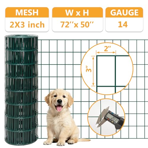Green Metal Garden Fence,72inch(H) x 50ft(L),2 inch x 3 inch,14GA Coated (16GA Bare) 2/3/4/5/6 Ft Tall Chicken Wire PVC Coated Welded Wire Mesh Roll for Dogs Border Yard Vegetable Plant Poultry - color: Green, size: 14GA 2x3 72"x50'