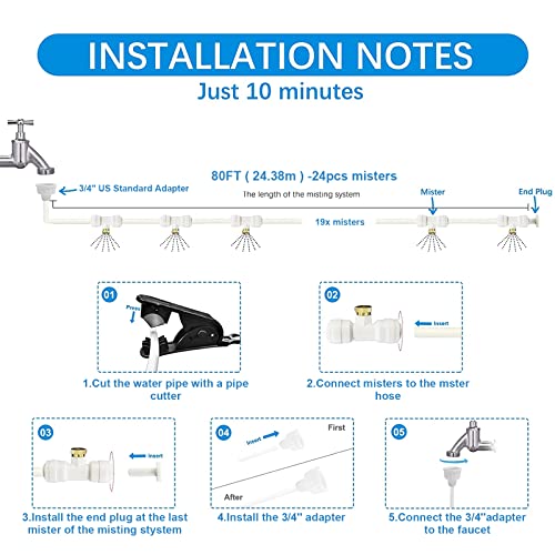 Misters for Outside Patio,Outdoor Water Misting Cooling System,80FT|24M+Tee Connector White 10PCS,Backyard Mist Kit for Garden,Greenhouse,Fan,Deck,Umbrella,Canopy,Pool,Porch.Trampoline Sprinkler Park